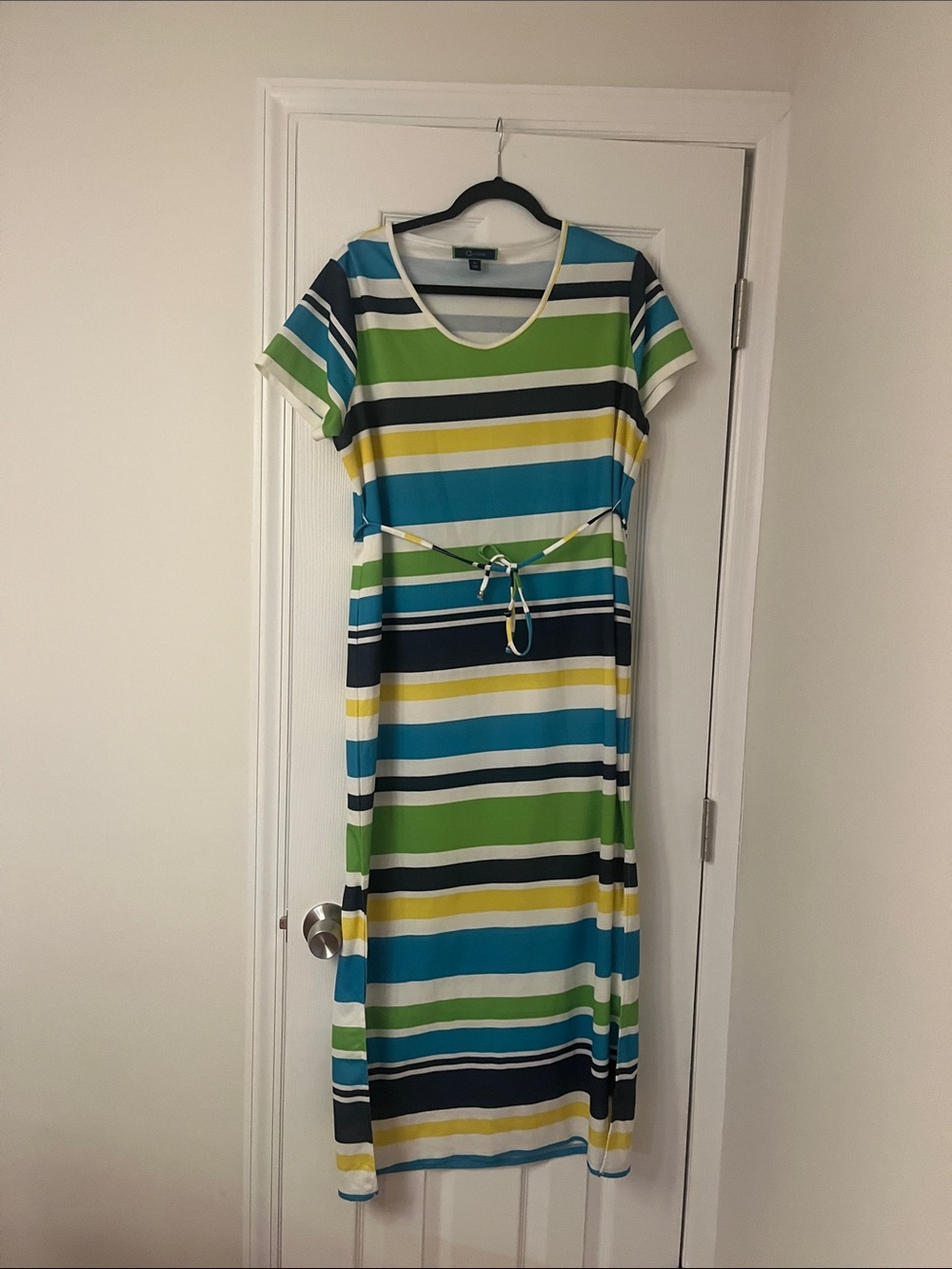 Striped Waist-Tie Maxi Dress in Blue & Green